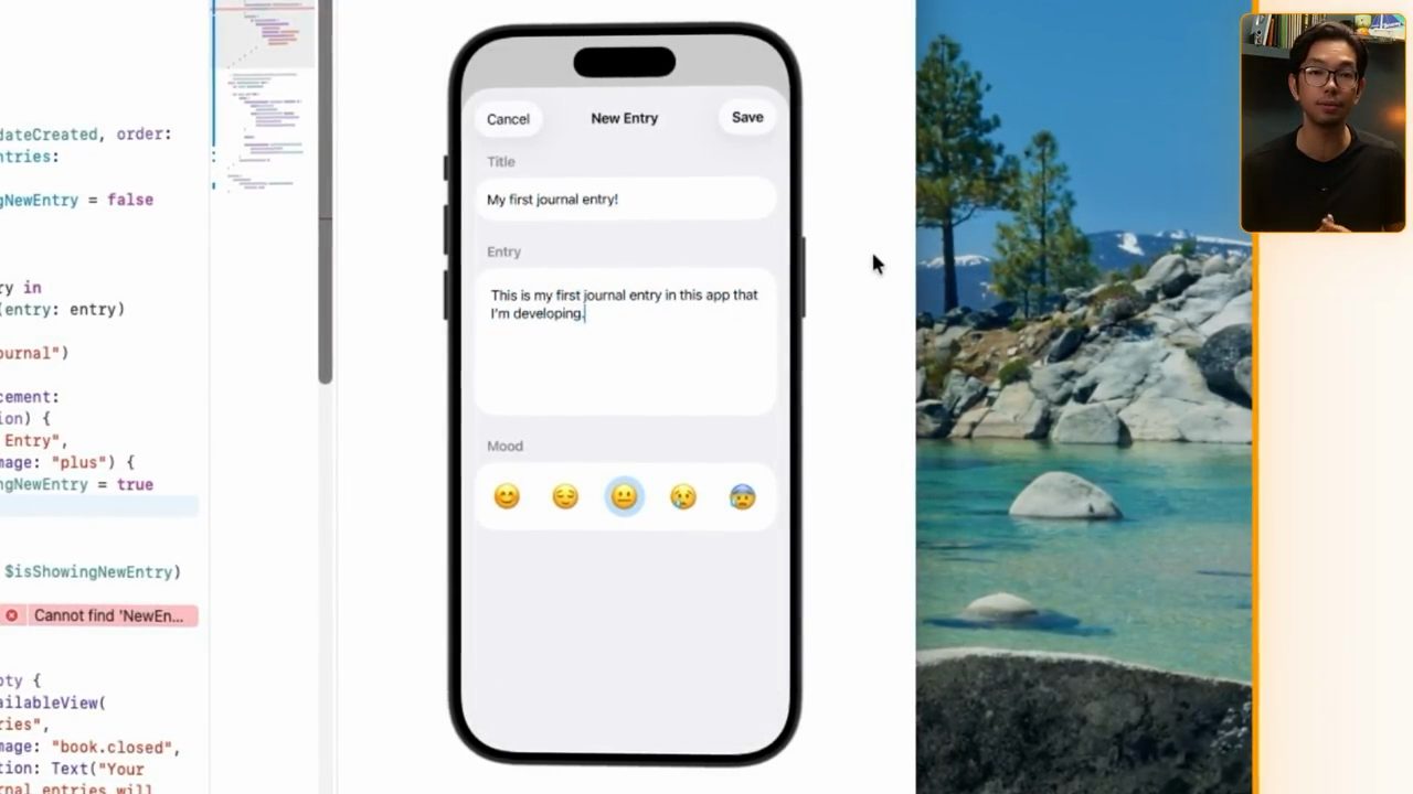Màn hình New Entry trong simulator với tiêu đề, nội dung và hàng emoji mood