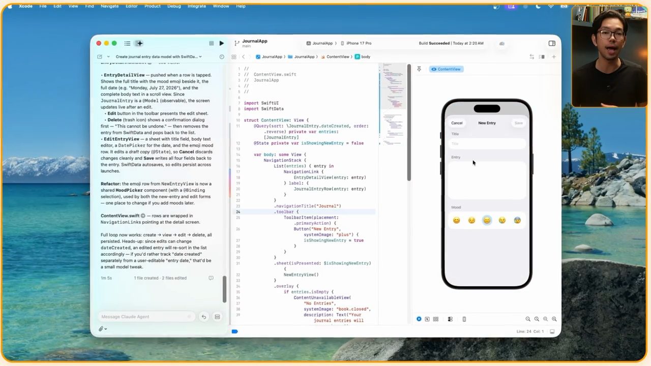 Xcode sau Prompt 4, panel Claude liệt kê EntryDetailView, EditEntryView và MoodPicker