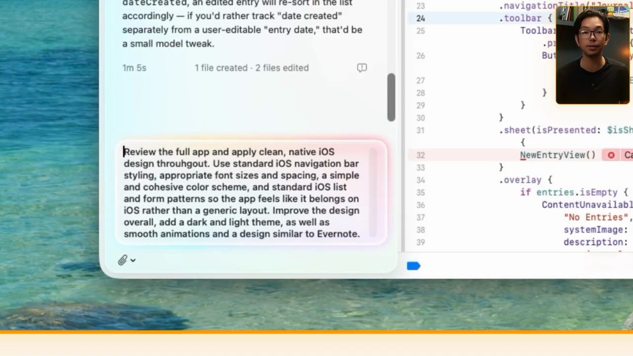 Prompt thứ năm được gõ trong khung soạn của panel Claude trong Xcode