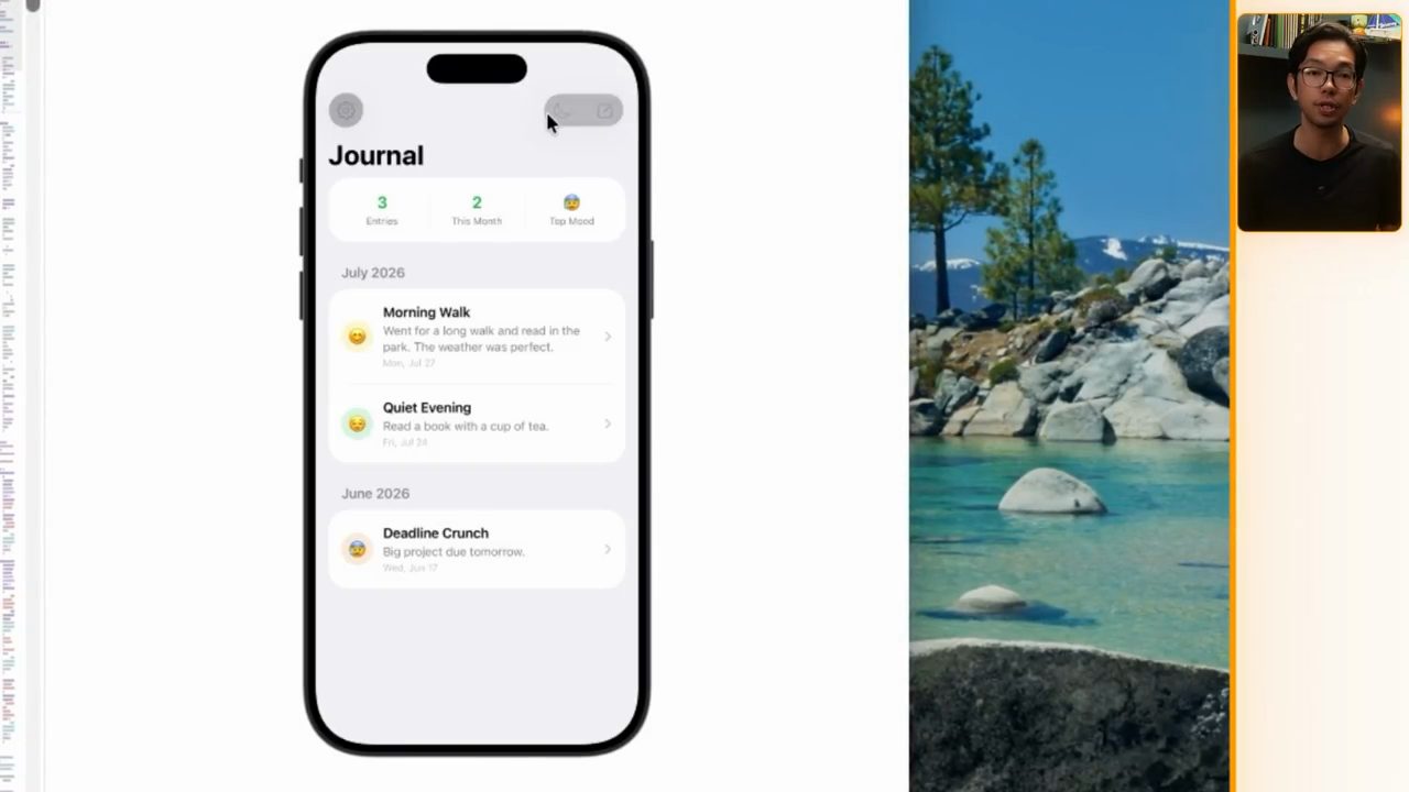 App Journal sau khi làm lại thiết kế, có ô thống kê và các entry nhóm theo tháng