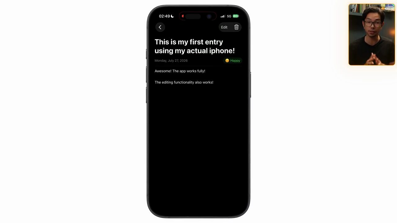 Màn hình chi tiết của app Journal trên iPhone thật ở chế độ tối