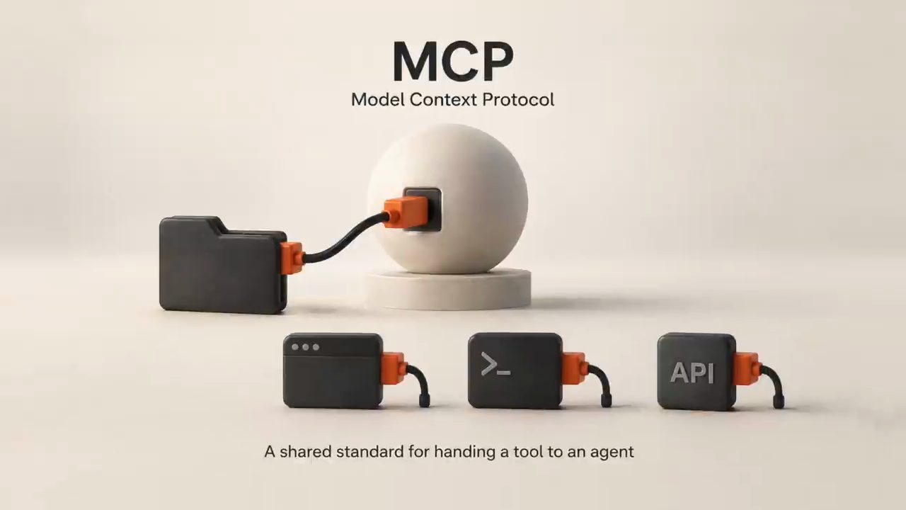 Slide MCP Model Context Protocol, một quả cầu được cắm dây tới thư mục, browser, terminal và API