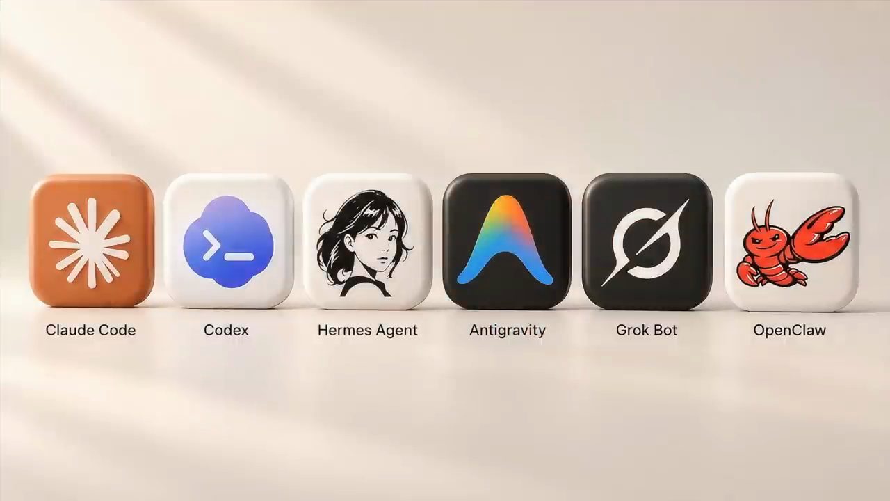 Sáu biểu tượng: Claude Code, Codex, Hermes Agent, Antigravity, Grok Bot, OpenClaw