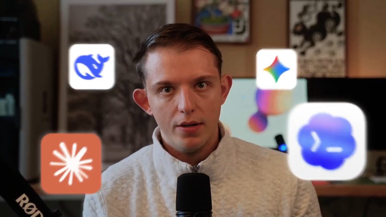 Riley Brown nói trước camera, xung quanh là biểu tượng của nhiều app AI