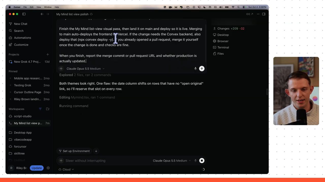 Cursor đang chạy task My Mind list view polish với Claude Opus 5.5, có hướng dẫn merge vào main và deploy