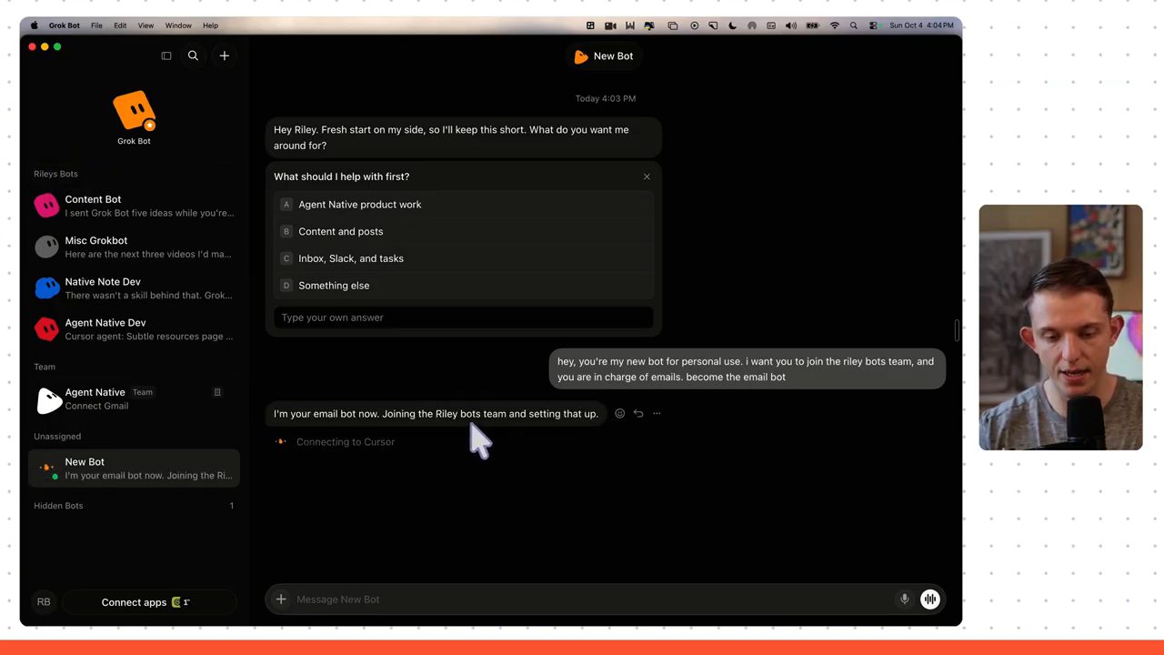 Một bot mới trong Grok Bot nhận lời nhắn trở thành email bot và trả lời đang gia nhập nhóm Riley bots