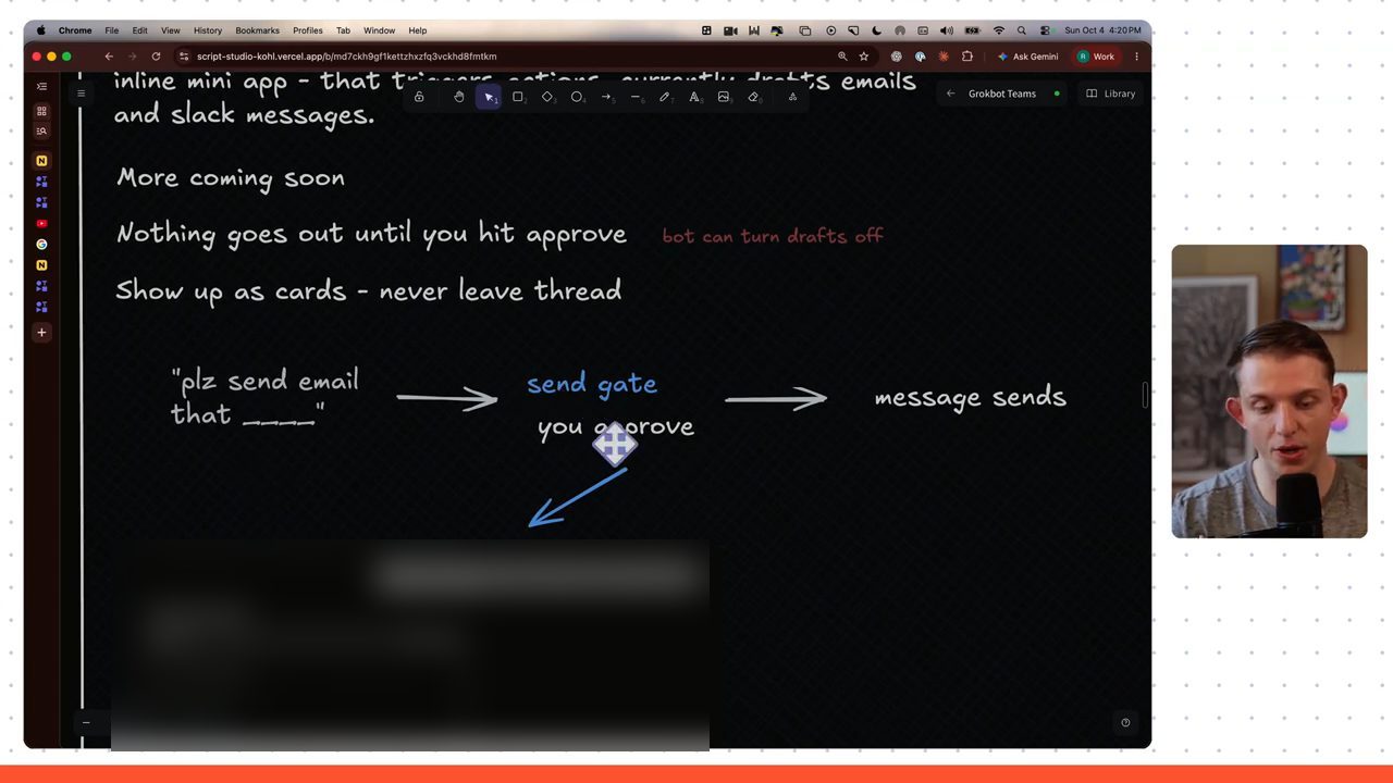 Ghi chú vẽ tay về inline mini app: nothing goes out until you hit approve, show up as cards, sơ đồ send gate