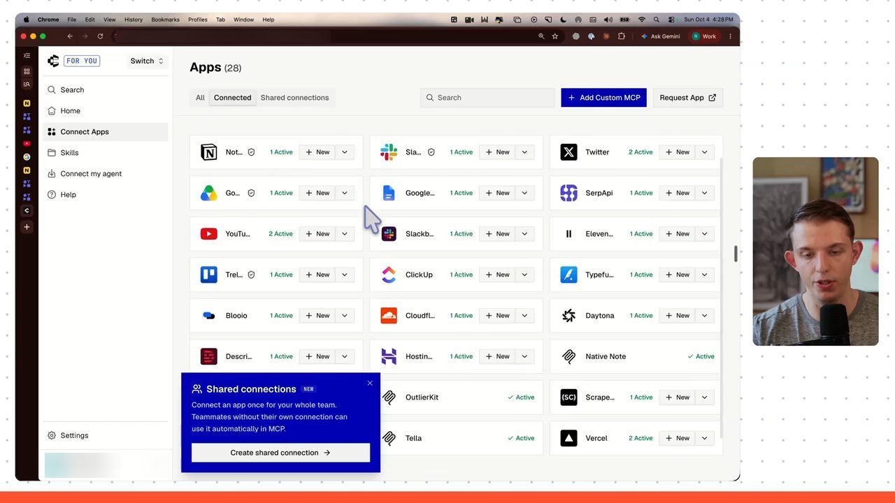 Dashboard Composio với 28 app đã kết nối như Notion, Slack, Twitter, Google, YouTube, ClickUp, Vercel