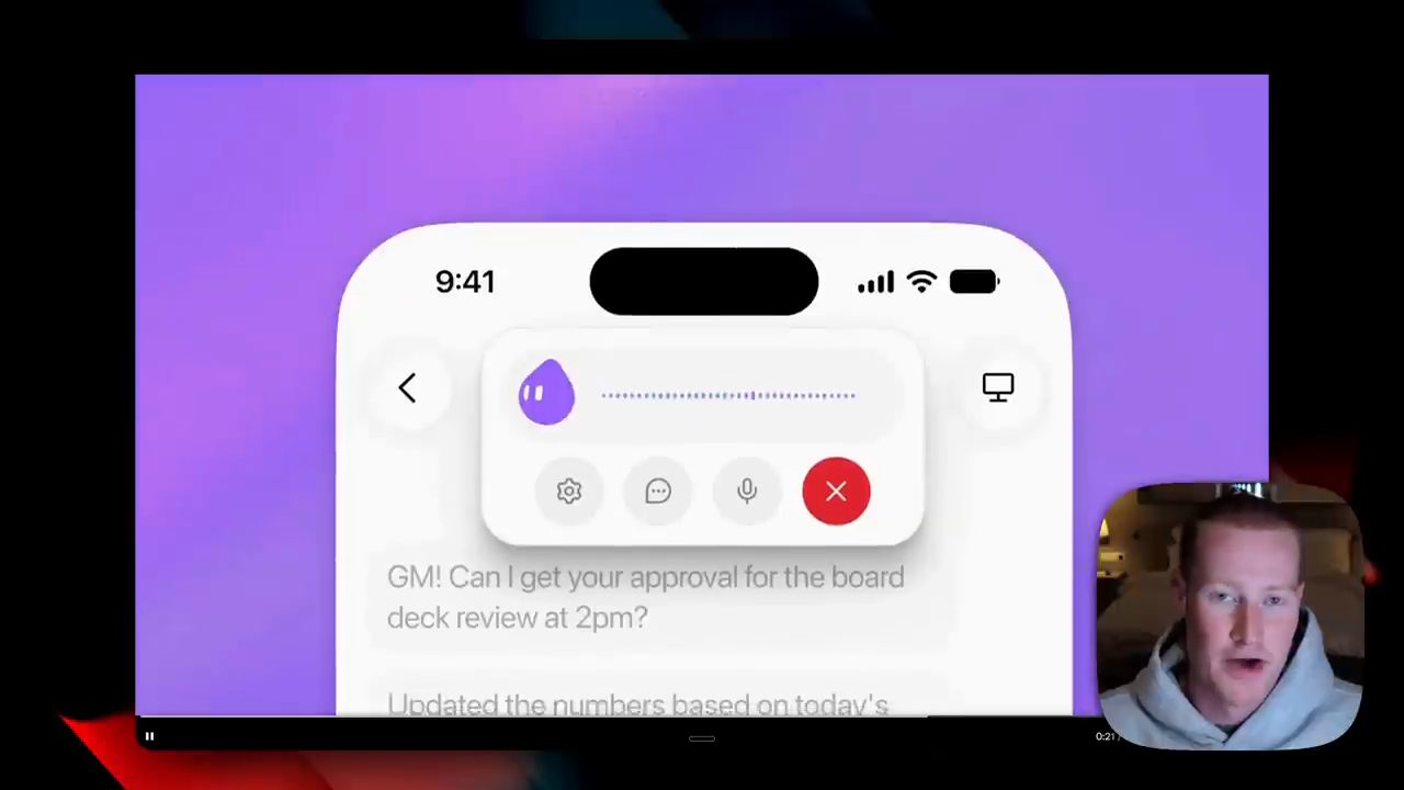 Hình minh hoạ voice mode của GrokBot trên điện thoại: thanh voice với biểu tượng agent và các nút settings, chat, micro, kết thúc