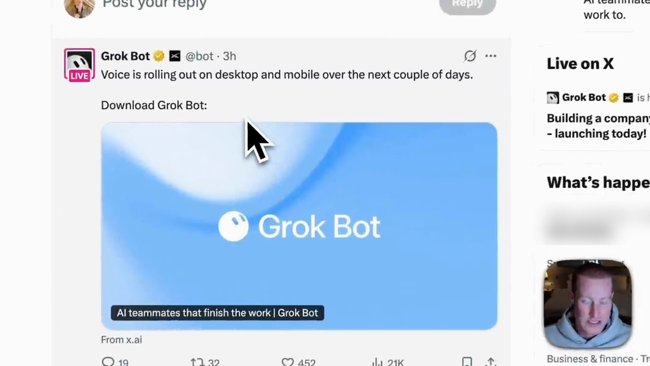 Bài đăng của tài khoản Grok Bot trên X: Voice is rolling out on desktop and mobile over the next couple of days