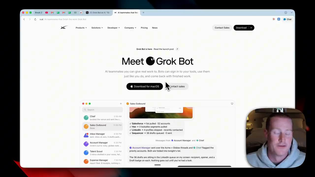 Trang giới thiệu Meet Grok Bot trên x.ai với nút Download for macOS