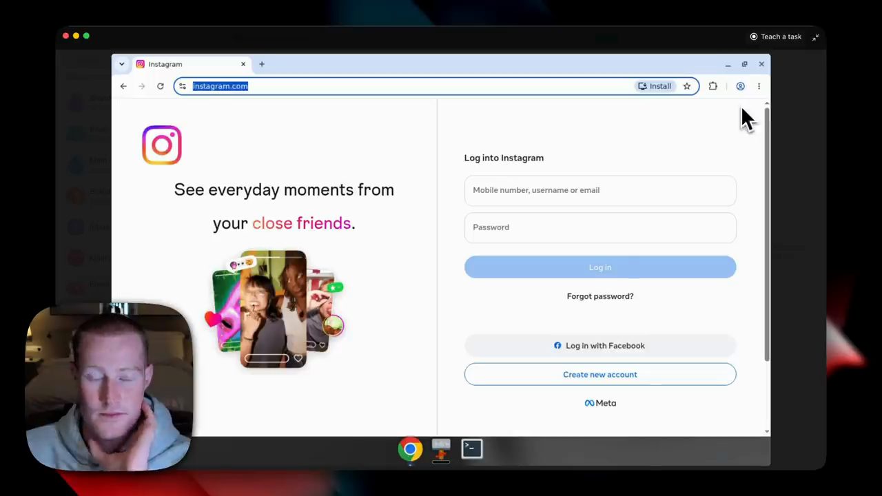 Cửa sổ computer use của GrokBot mở trình duyệt ở trang đăng nhập Instagram