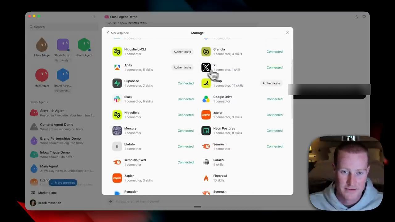 Màn hình Manage trong Marketplace của GrokBot liệt kê các plugin Connected như Granola, X, Slack, Higgsfield, Zapier