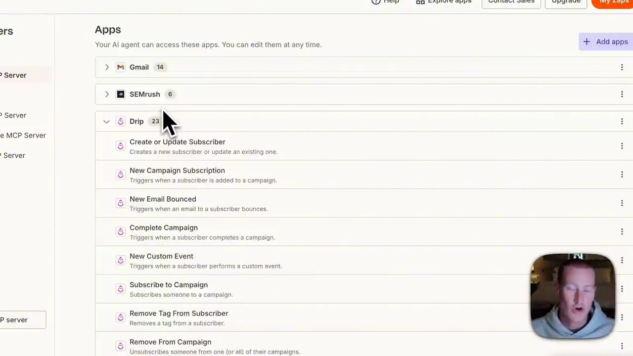 Trang cấu hình Zapier MCP với danh sách Apps: Gmail 14, SEMrush 6, Drip 23 action