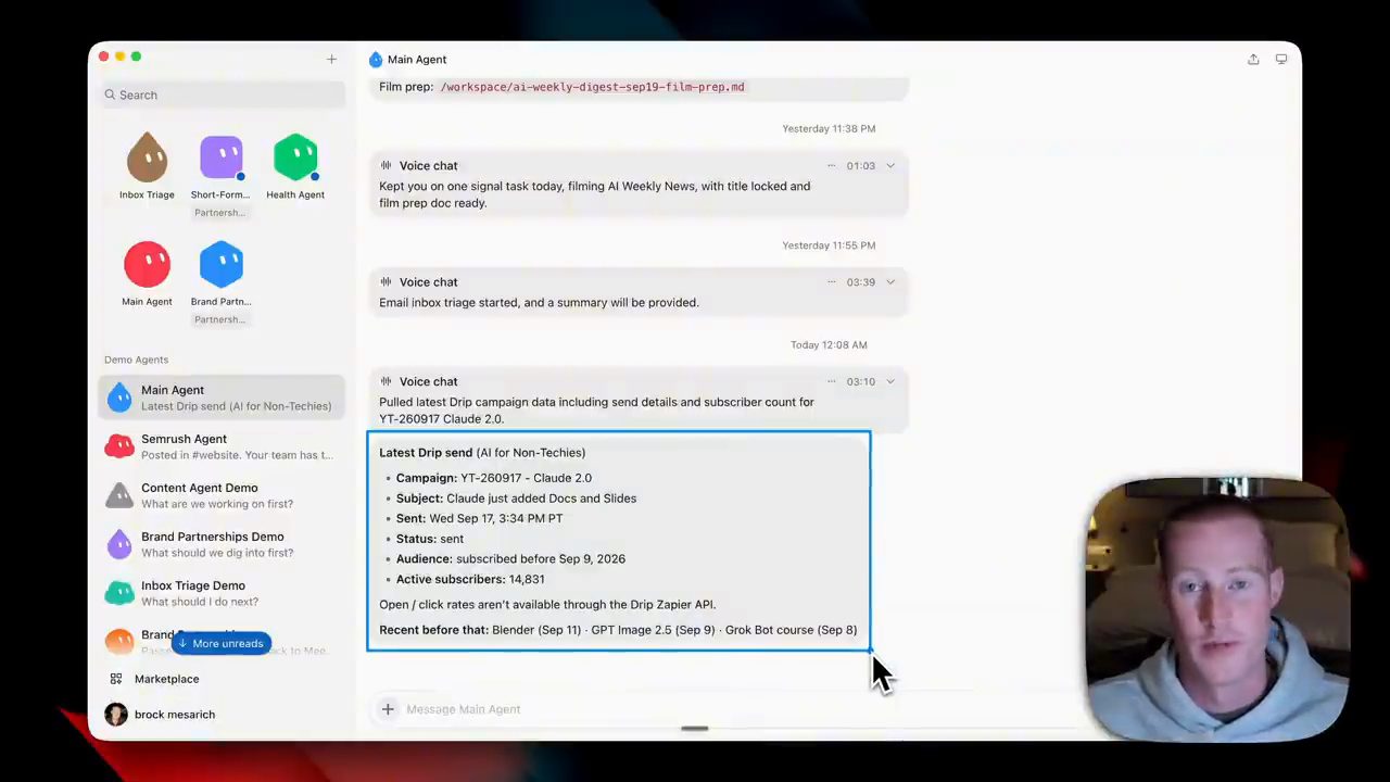 Kết quả trong chat của main agent: Latest Drip send với campaign, subject, ngày gửi, audience, 14,831 active subscribers