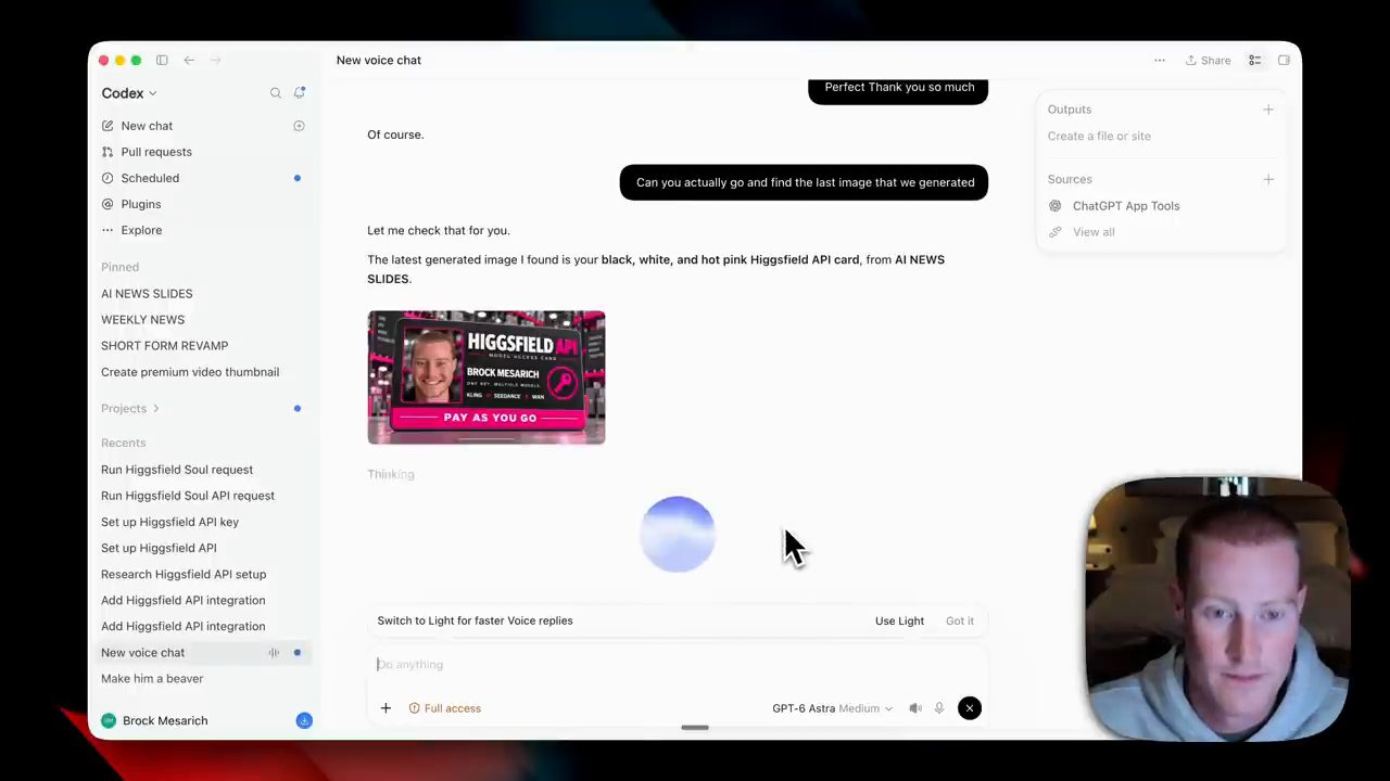 Cuộc voice chat trong app Codex: Codex tìm ra ảnh Higgsfield API card mới tạo gần nhất