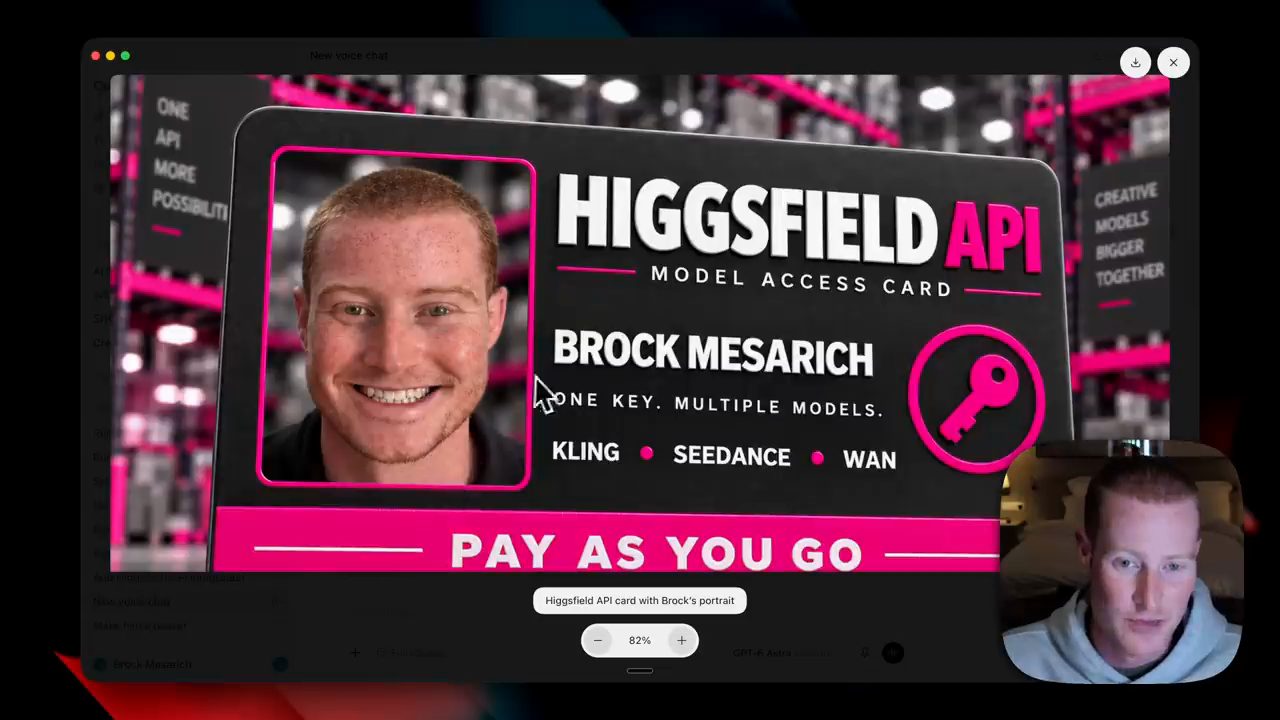 Ảnh Higgsfield API model access card có chân dung Brock Mesarich