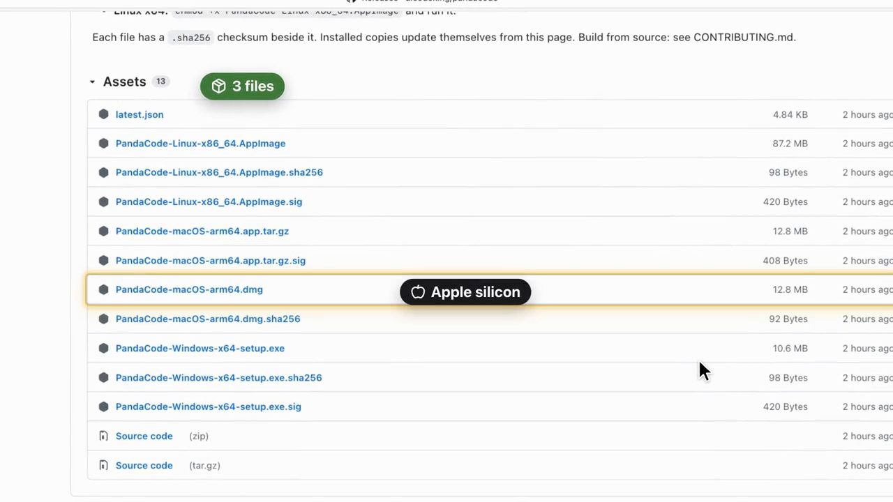 Danh sách Assets trên trang Releases của PandaCode với file macOS DMG được tô sáng