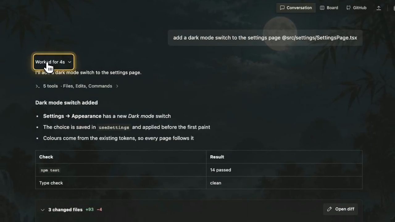 Câu trả lời của agent với hàng Worked for 4s, mục Dark mode switch added và bảng Check, Result