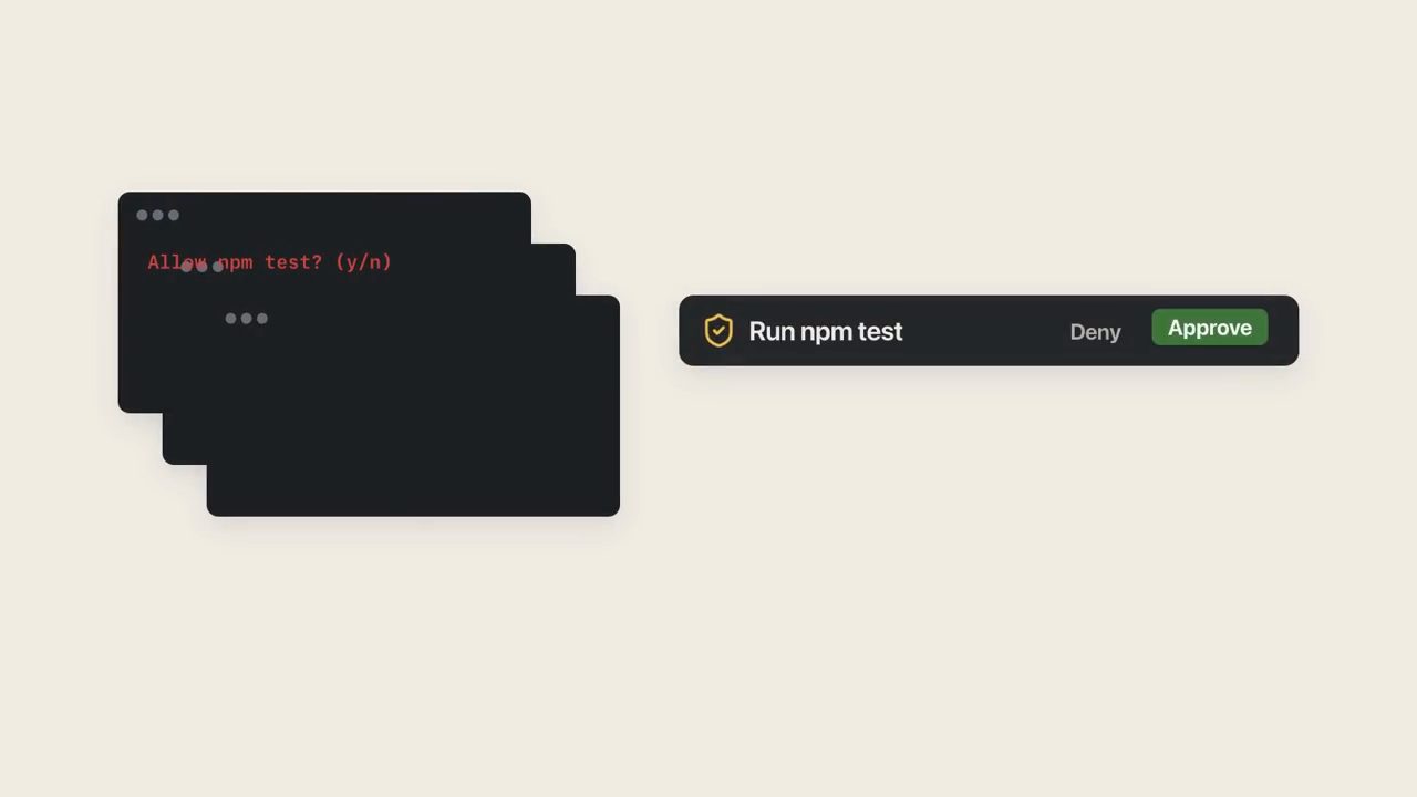 Hình minh hoạ: các cửa sổ terminal chồng nhau với câu Allow npm test? (y/n) bên cạnh một thanh Run npm test với Deny và Approve