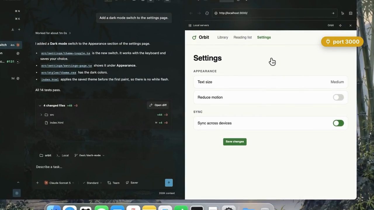 Browser tích hợp mở localhost:3000 với trang Settings của app Orbit bên cạnh phần chat