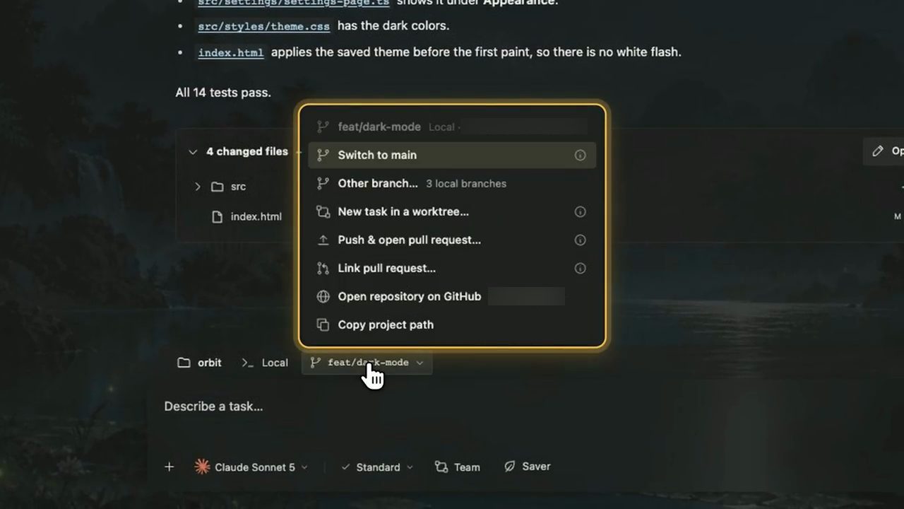 Menu của branch feat/dark-mode với Switch to main, Other branch, New task in a worktree, Push and open pull request