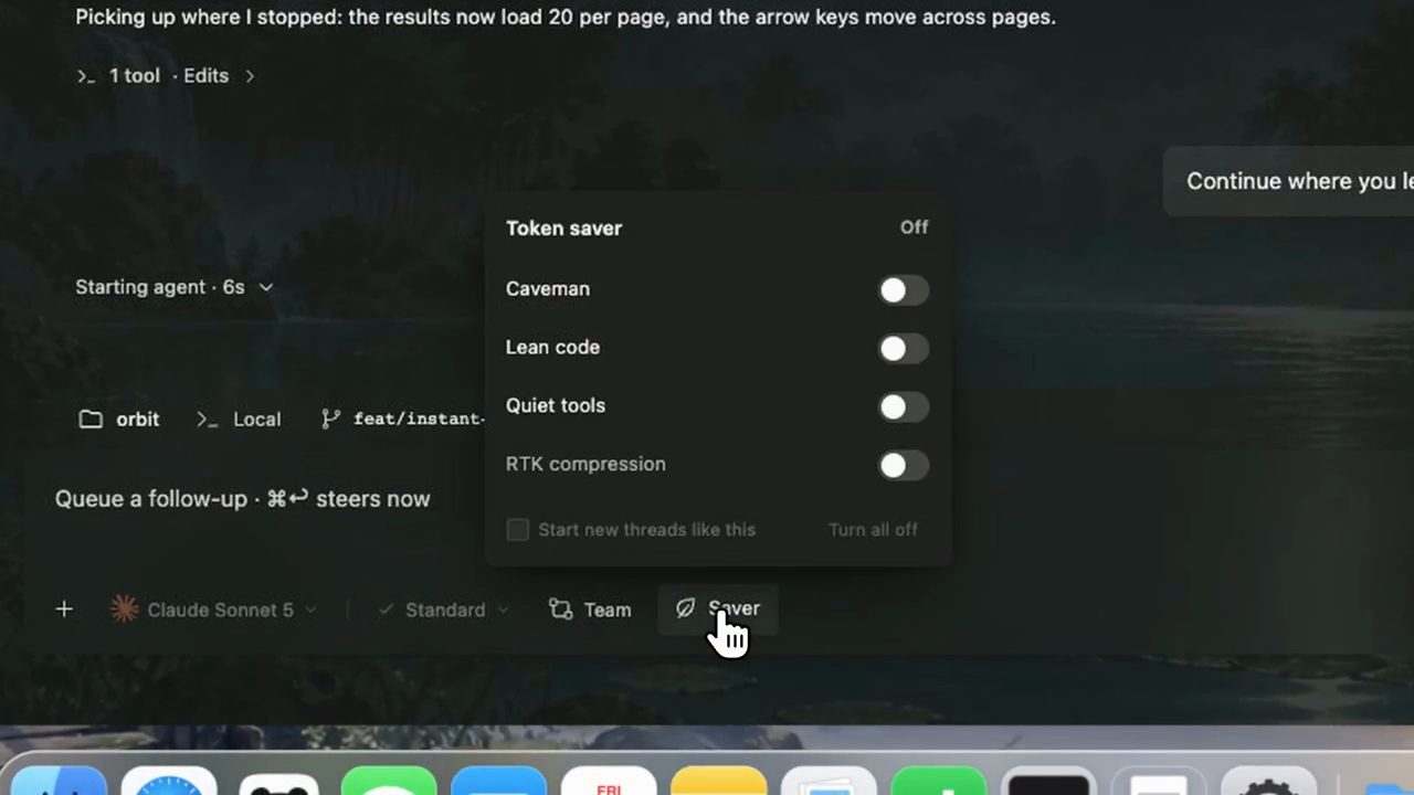 Menu Token saver với các công tắc Caveman, Lean code, Quiet tools, RTK compression