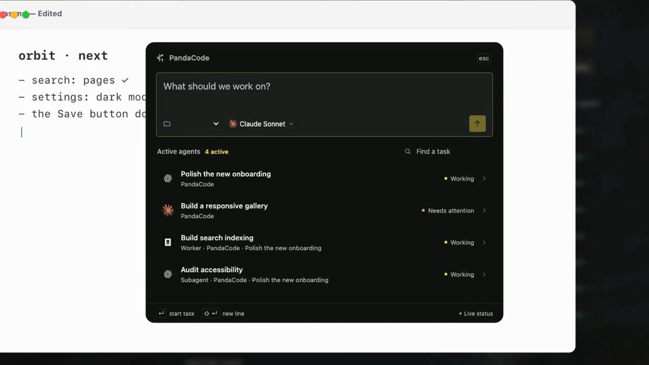 Launcher PandaCode nổi trên một cửa sổ editor với ô What should we work on? và danh sách Active agents