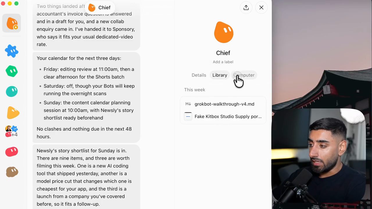 Bảng chi tiết của bot Chief trong app Grok Bot với các tab Details, Library và Computer