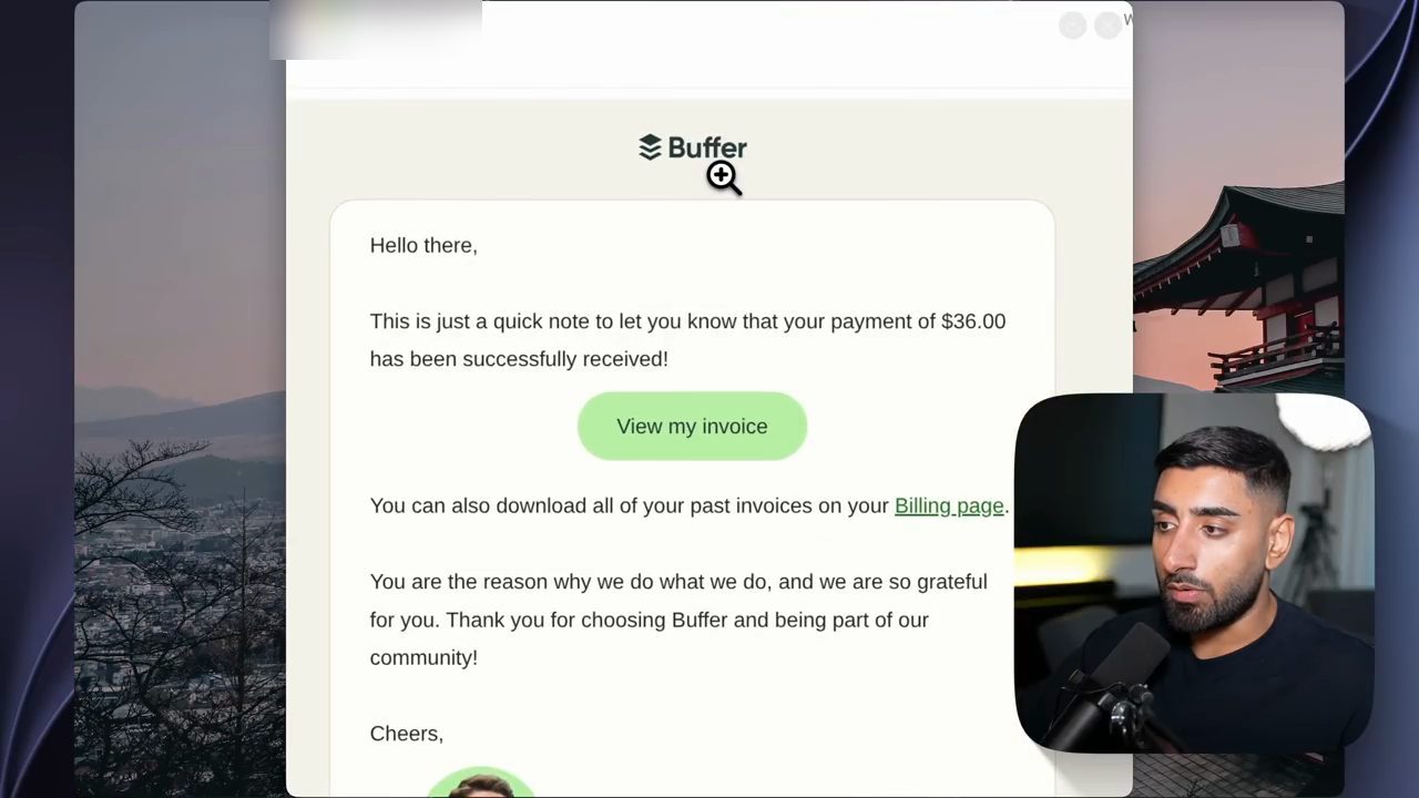Email receipt của Buffer báo thanh toán 36 đô đã nhận, với nút View my invoice