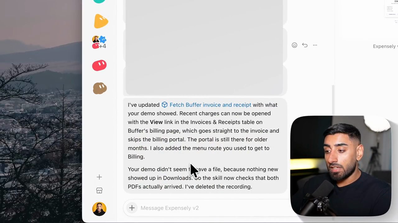 Tin nhắn cuối của Expensely v2 báo đã cập nhật skill Fetch Buffer invoice and receipt