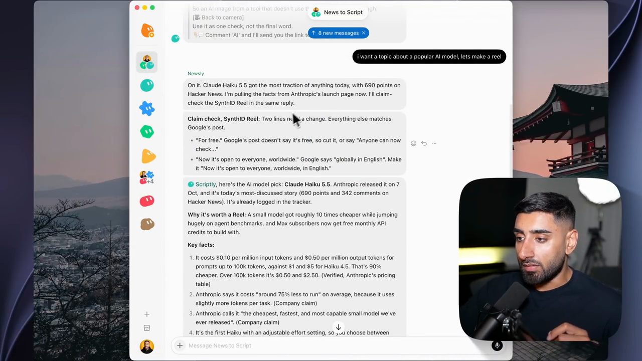 Group chat News to Script: Newsly chọn chủ đề Claude Haiku 5.5 và claim check reel SynthID