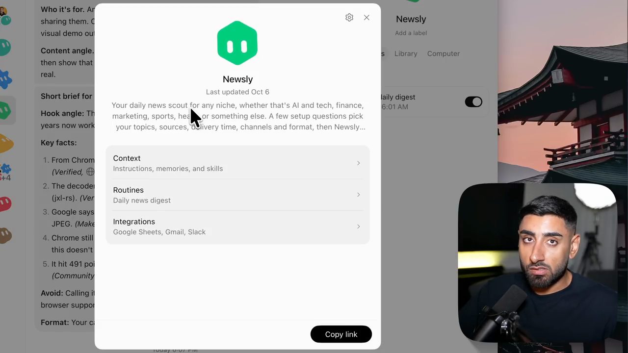 Trang chi tiết template của bot Newsly với ba mục Context, Routines và Integrations