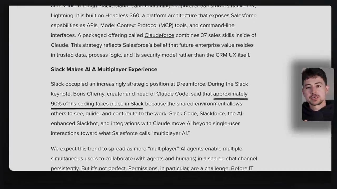 Đoạn bài viết về Dreamforce, gạch chân câu Boris Cherny nói khoảng 90% việc code của anh diễn ra trong Slack