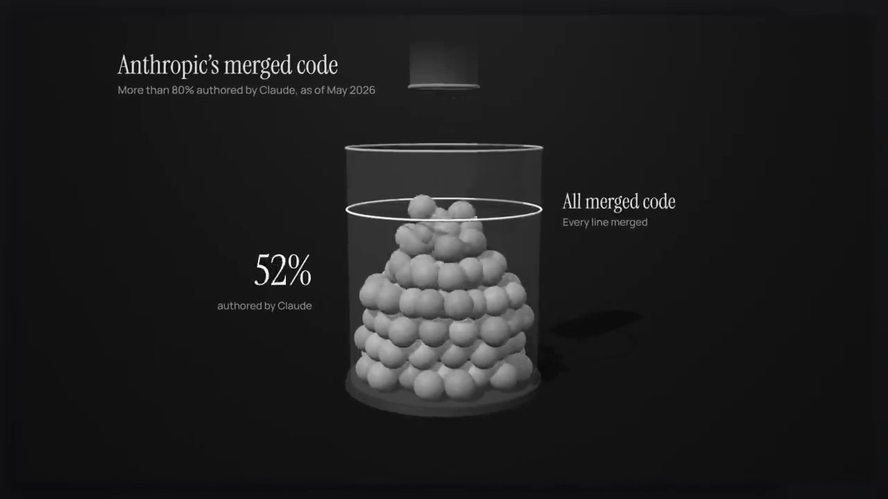 Hình bình chứa các viên bi với tiêu đề Anthropic's merged code, con số 52% authored by Claude đang tăng