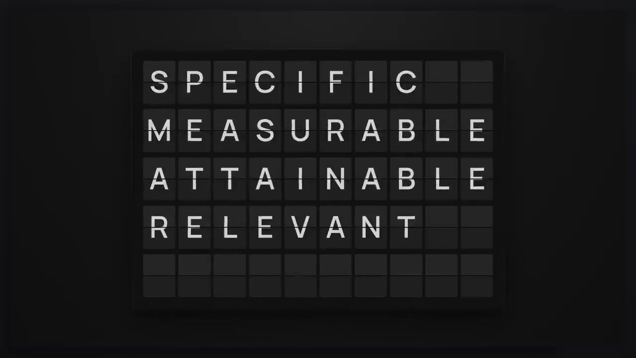 Bảng chữ lật kiểu sân bay hiện các chữ Specific, Measurable, Attainable, Relevant