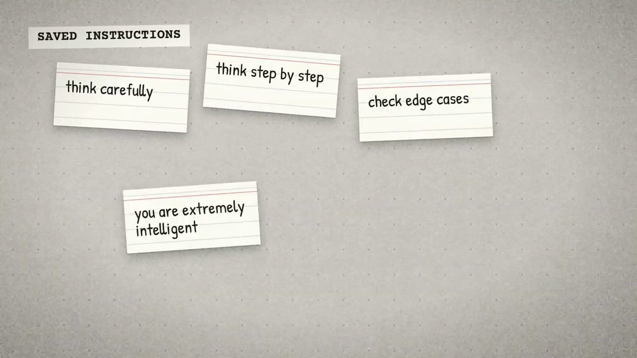 Bốn tấm thẻ dưới nhãn Saved instructions: think carefully, think step by step, check edge cases, you are extremely intelligent