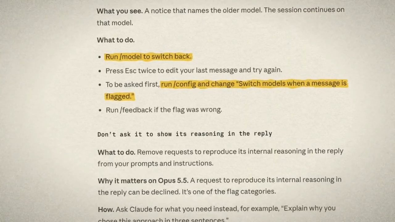 Phần What to do trong Claude Code khi message bị flag và mục Don't ask it to show its reasoning in the reply