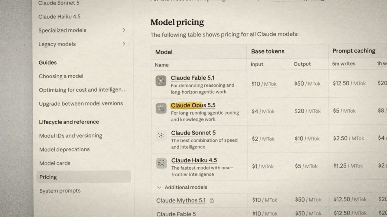 Bảng Model pricing trong tài liệu Claude, dòng Claude Opus 5.5 được tô vàng