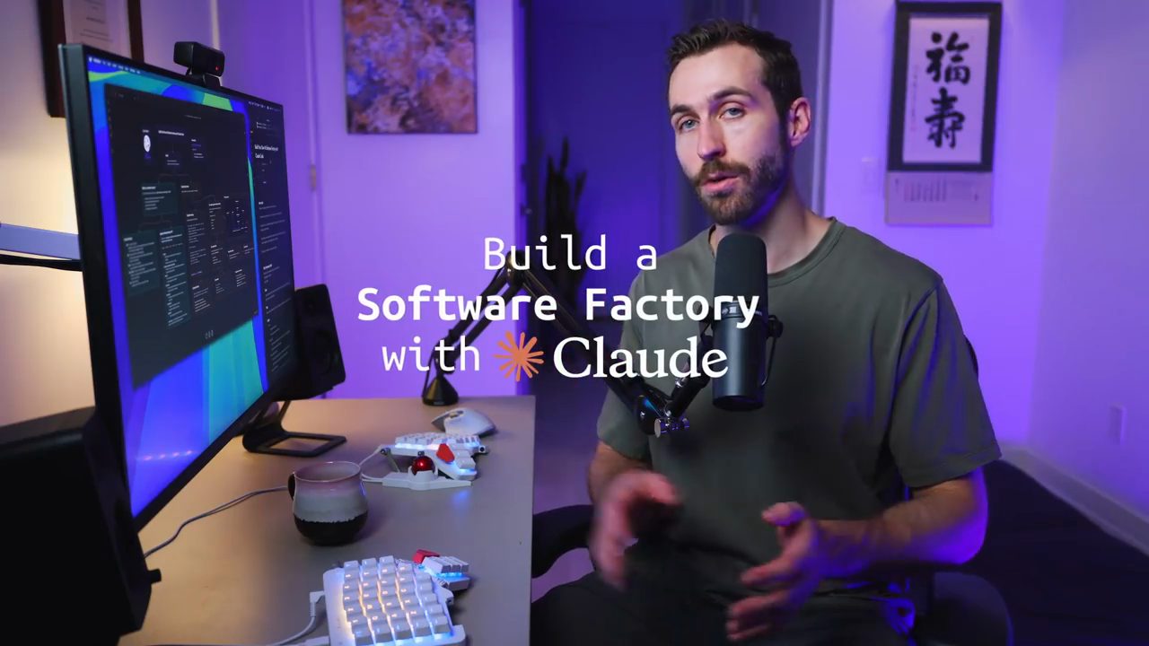 Alexander Galea ngồi trước màn hình, chữ Build a Software Factory with Claude