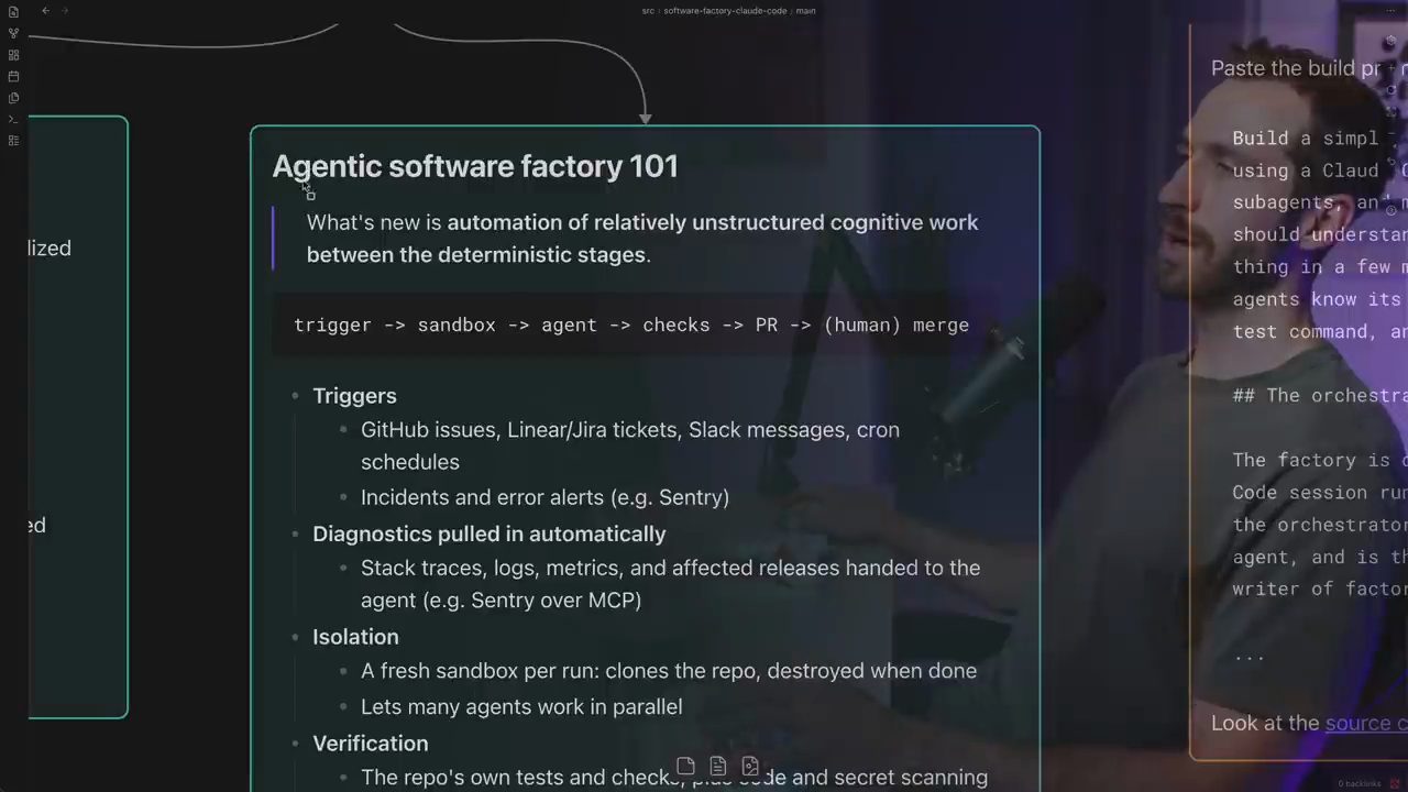 Ô Agentic software factory 101 với vòng trigger, sandbox, agent, checks, PR, human merge