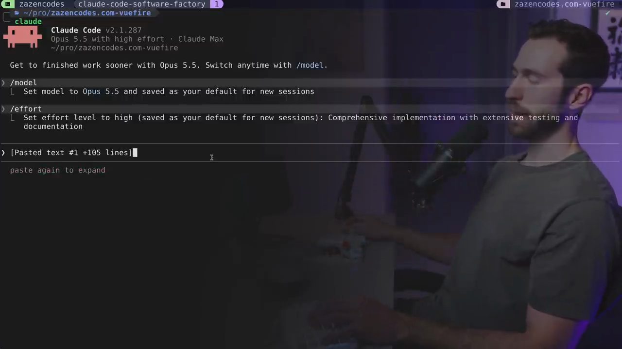 Claude Code v2.1.287 với lệnh /model, /effort và prompt dán vào 105 dòng