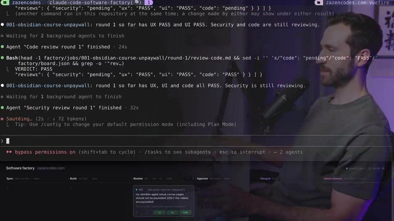 Orchestrator chờ các review: UX, UI, code PASS, security đang review; dashboard có card ở cột Review