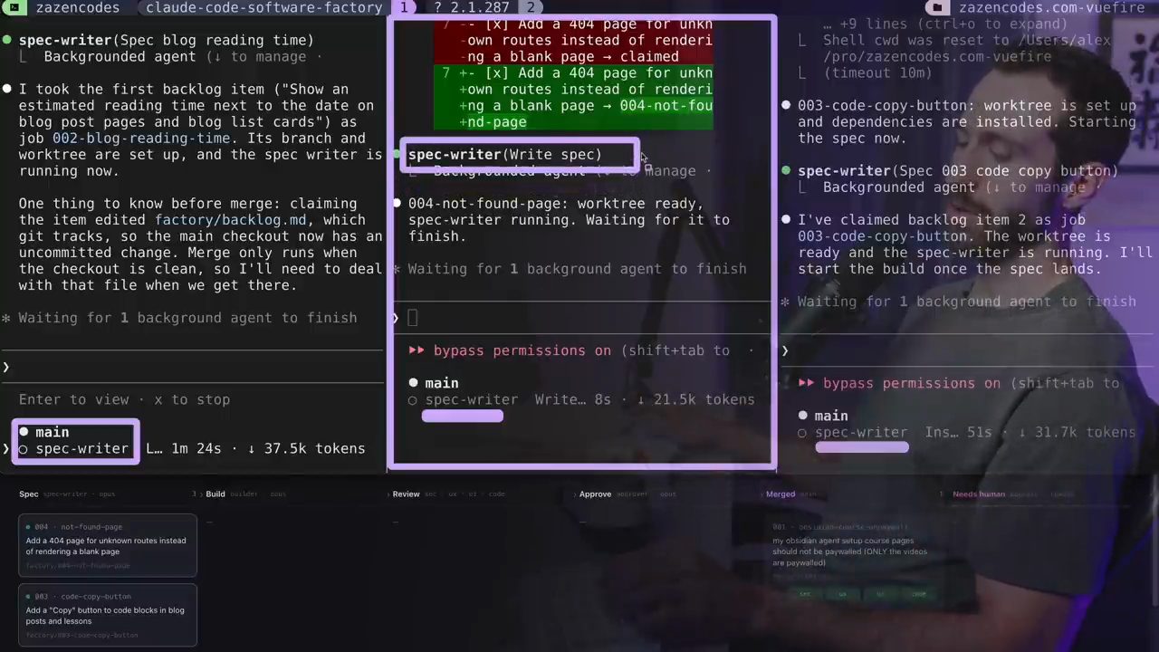 Ba phiên Claude Code cạnh nhau, mỗi phiên một spec-writer; dashboard có hai card ở cột Spec