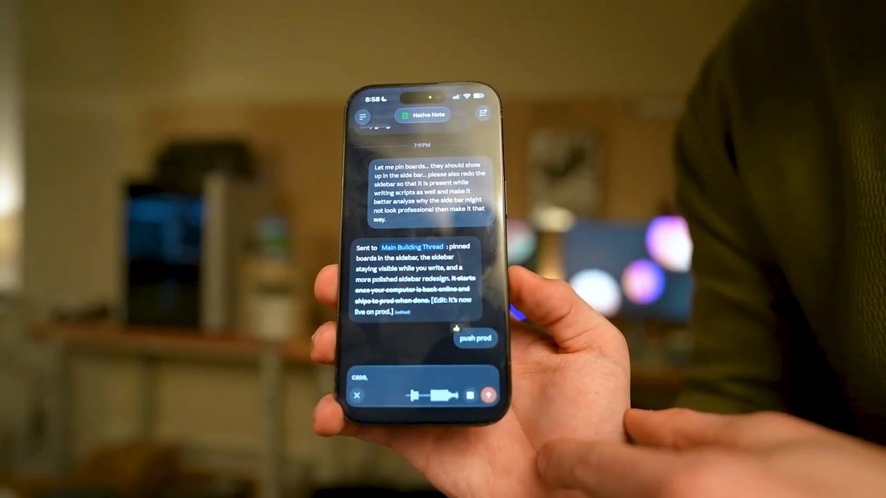 Chat Native Note với tin nhắn Sent to Main Building Thread và nút push prod