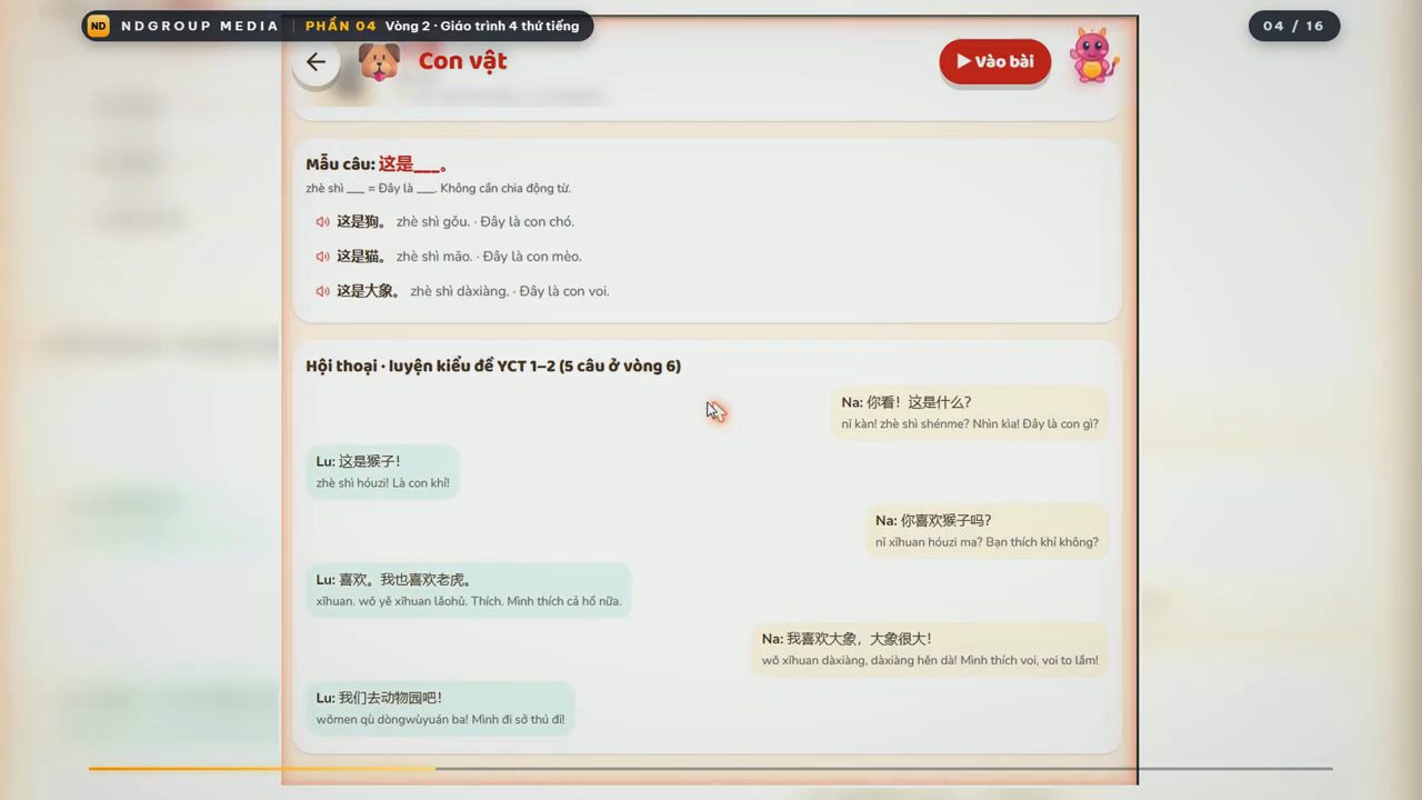 Trang chủ đề Con vật tiếng Trung: mẫu câu 这是 và hội thoại luyện kiểu đề YCT giữa Na và Lu, có pinyin và dịch tiếng Việt