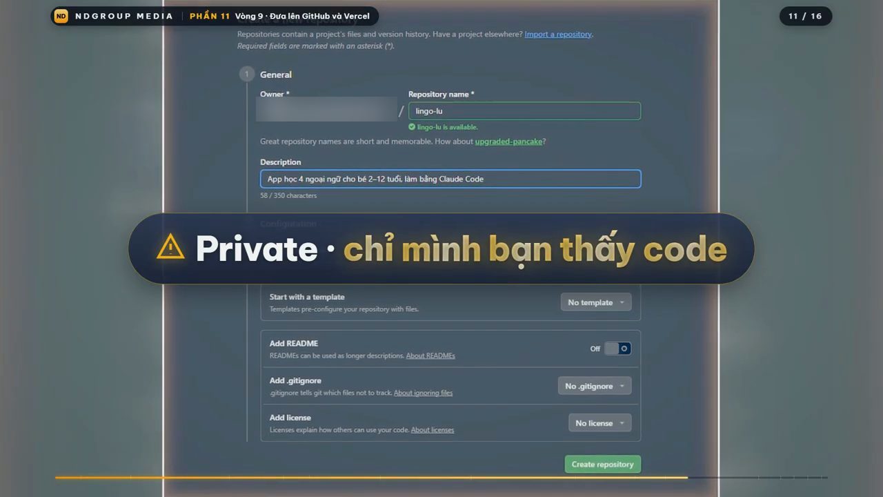 Form Create a new repository trên GitHub: tên lingo-lu, mô tả App học 4 ngoại ngữ cho bé 2–12 tuổi, làm bằng Claude Code, README tắt, nút Create repository