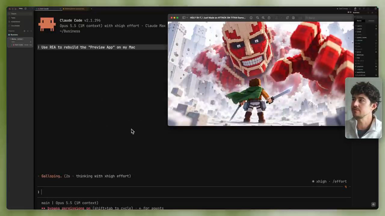 Claude Code nhận yêu cầu dựng lại Preview, cạnh cửa sổ Preview đang mở một bức ảnh