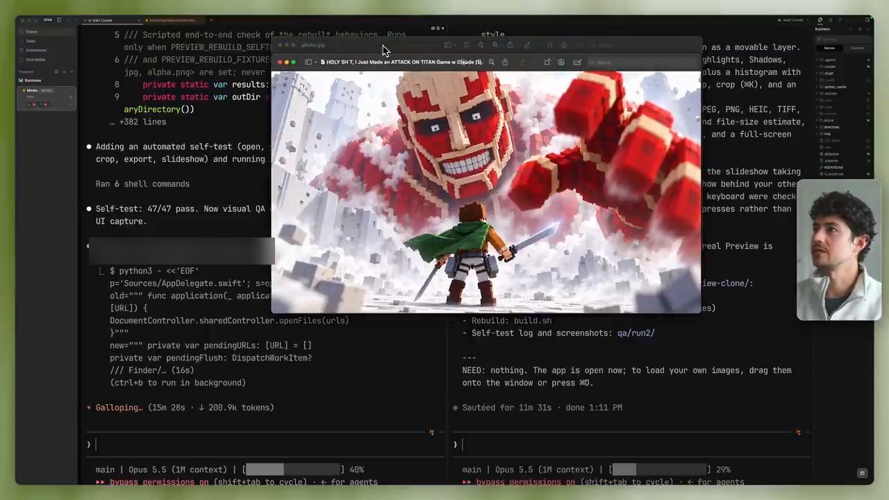Bản Preview do REA dựng mở bức ảnh, phía sau là hai ô Claude Code