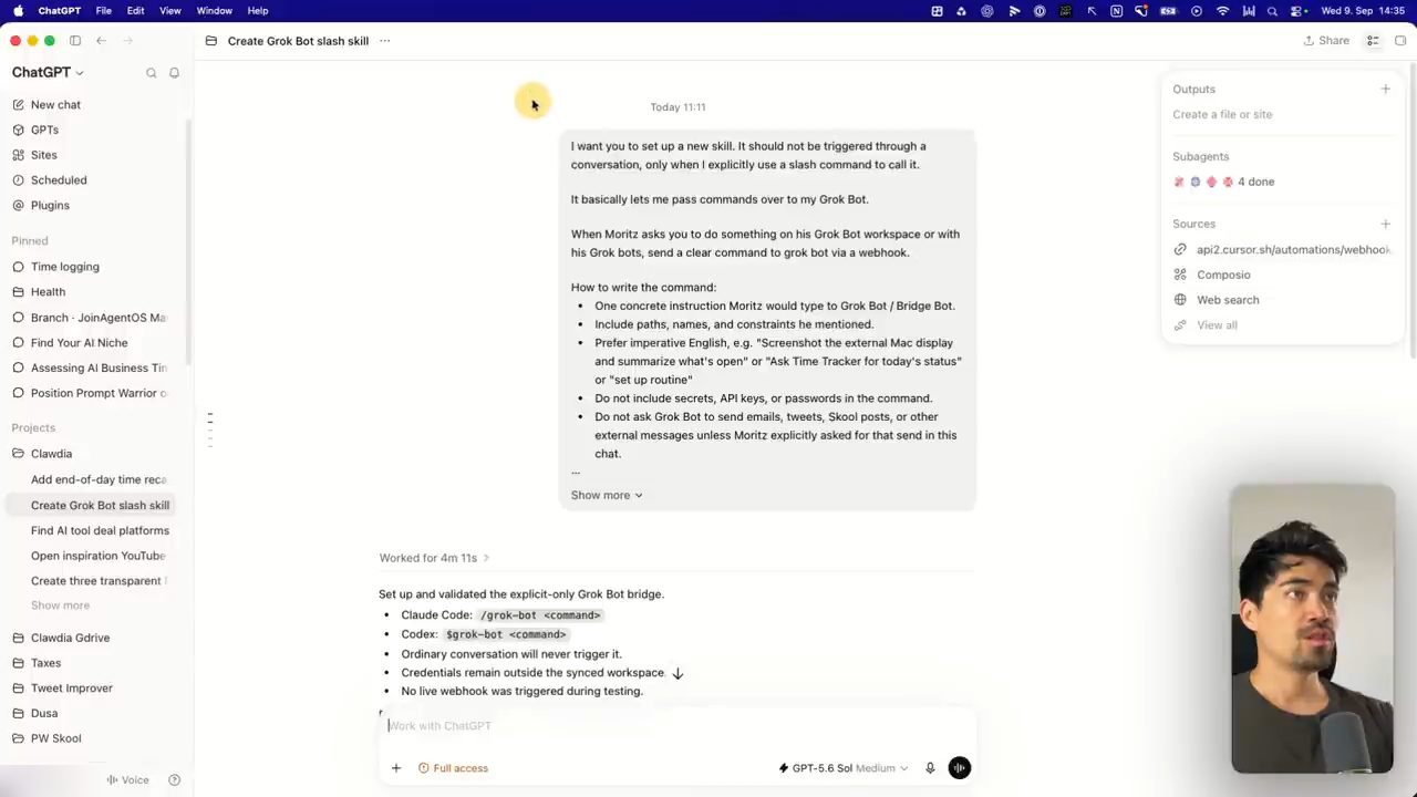 ChatGPT desktop với chat Create Grok Bot slash skill